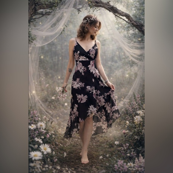 Le Château Y2K Dark Floral Fairy Babydoll Asymmetric Midi Dress Flowy XS Grunge - Picture 15 of 15